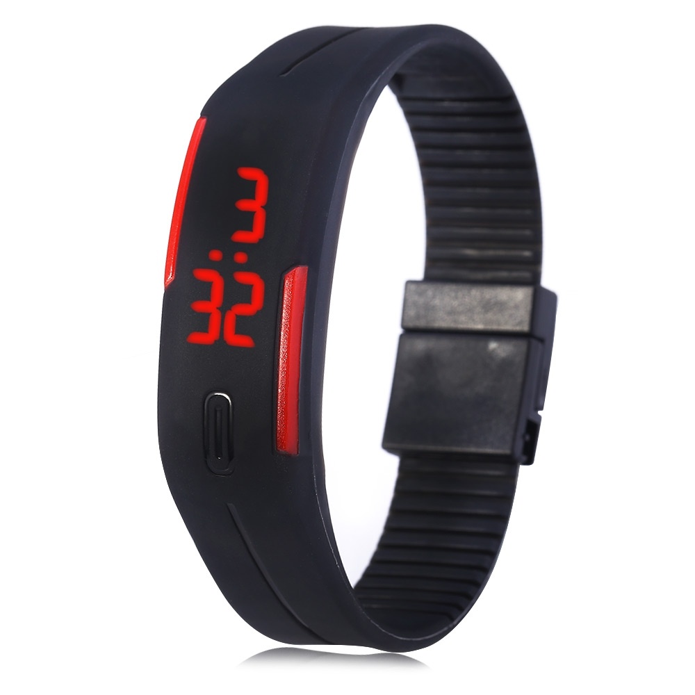 LED montre date rouge numérique caoutchouc bracelet rectangle cadran